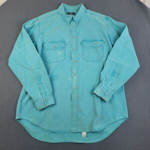 Vtg Woolrich Green Heavy Cotton Long Sleeve Shirt Men XL Long USA Flaws See Pics